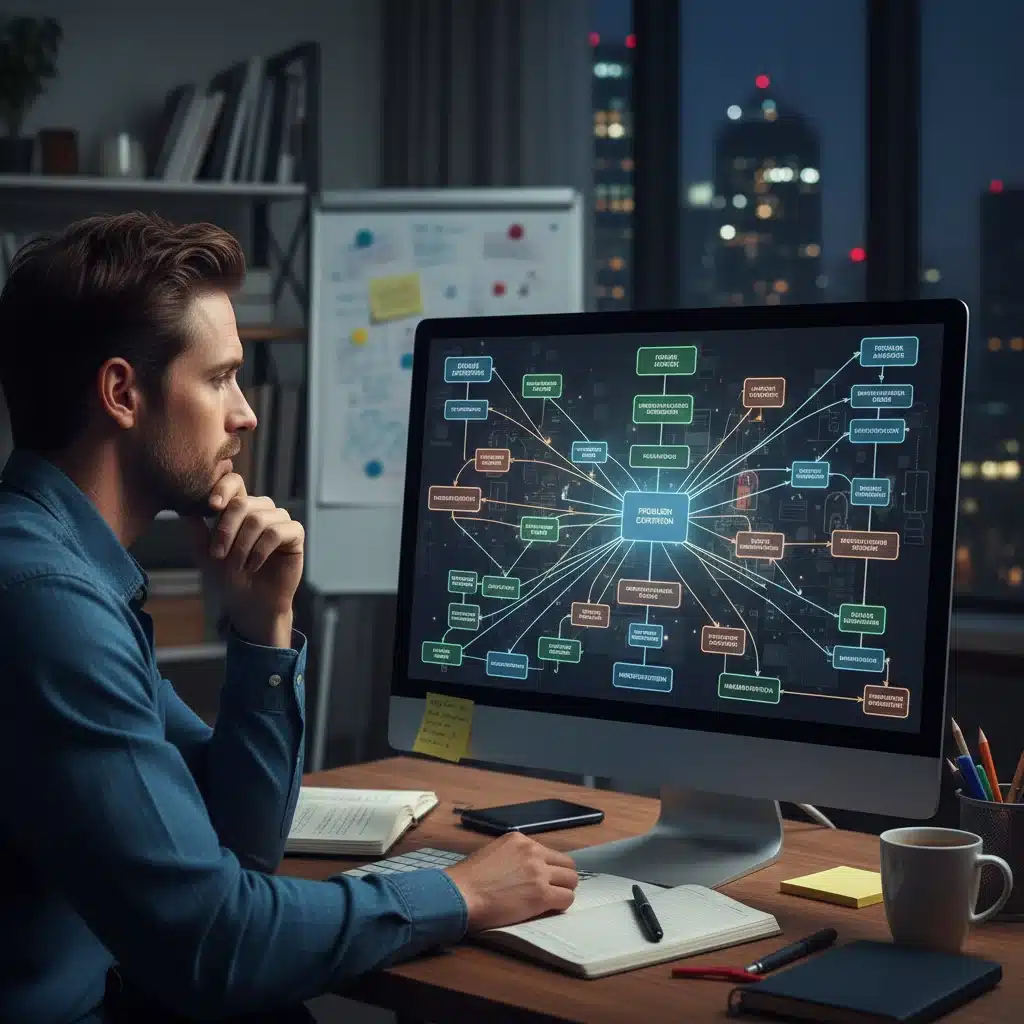 Person analyzing complex flowchart, demonstrating critical thinking and problem-solving skills.