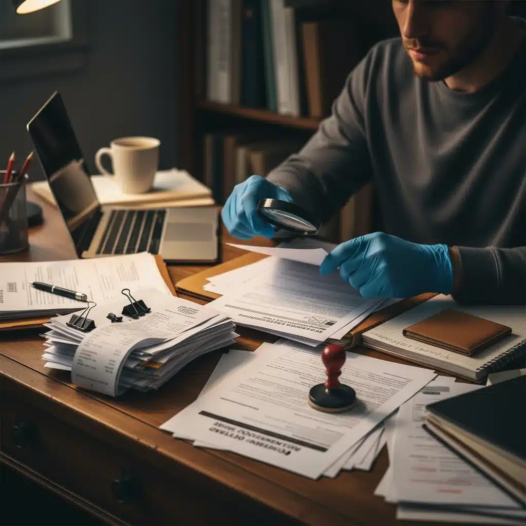 Person meticulously organizing documents for a consumer complaint.