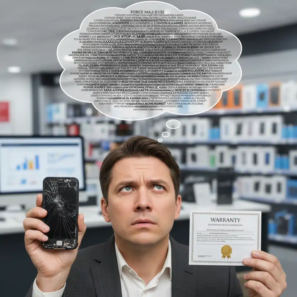 Confused consumer holding broken device and warranty card