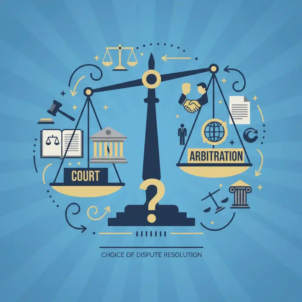 Balance scale depicting court versus arbitration
