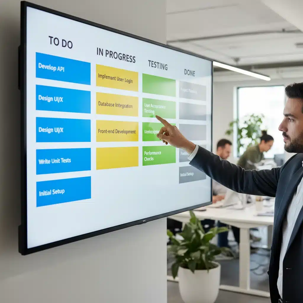Digital Kanban board showing project workflow and task progression