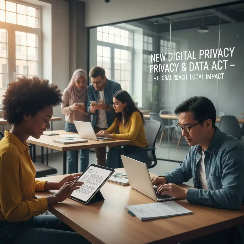 Diverse consumers using digital devices, reflecting new regulations