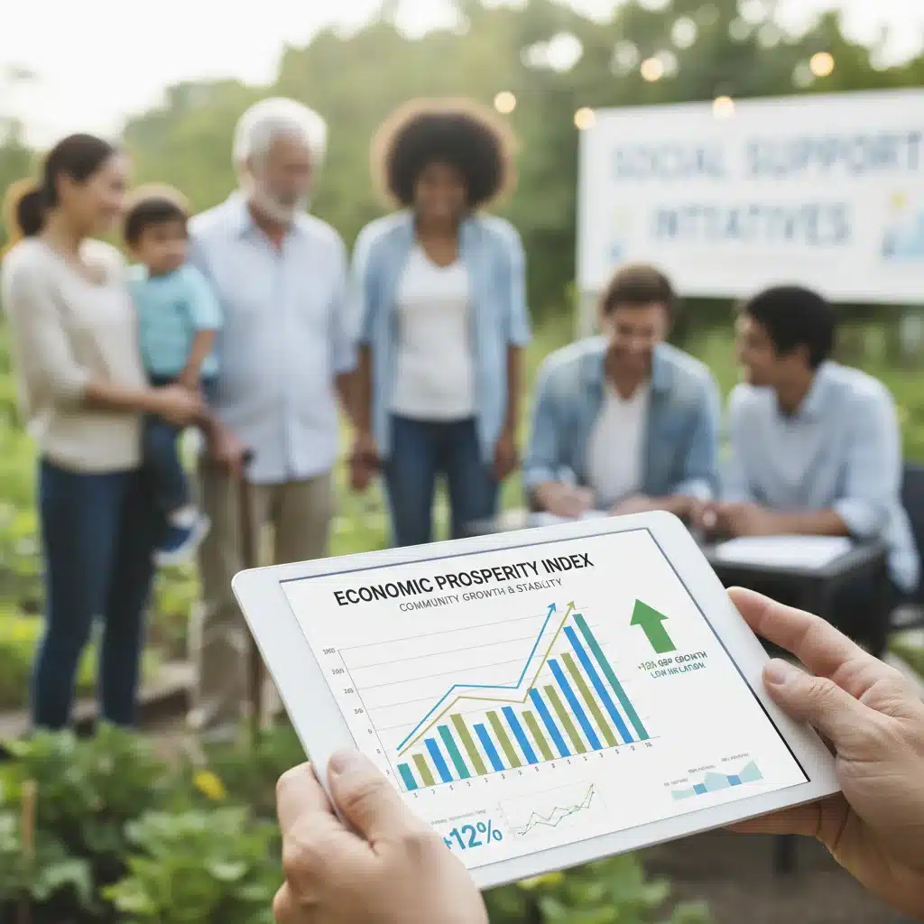 Digital tablet showing economic growth alongside a blurred image of people benefiting from social programs.