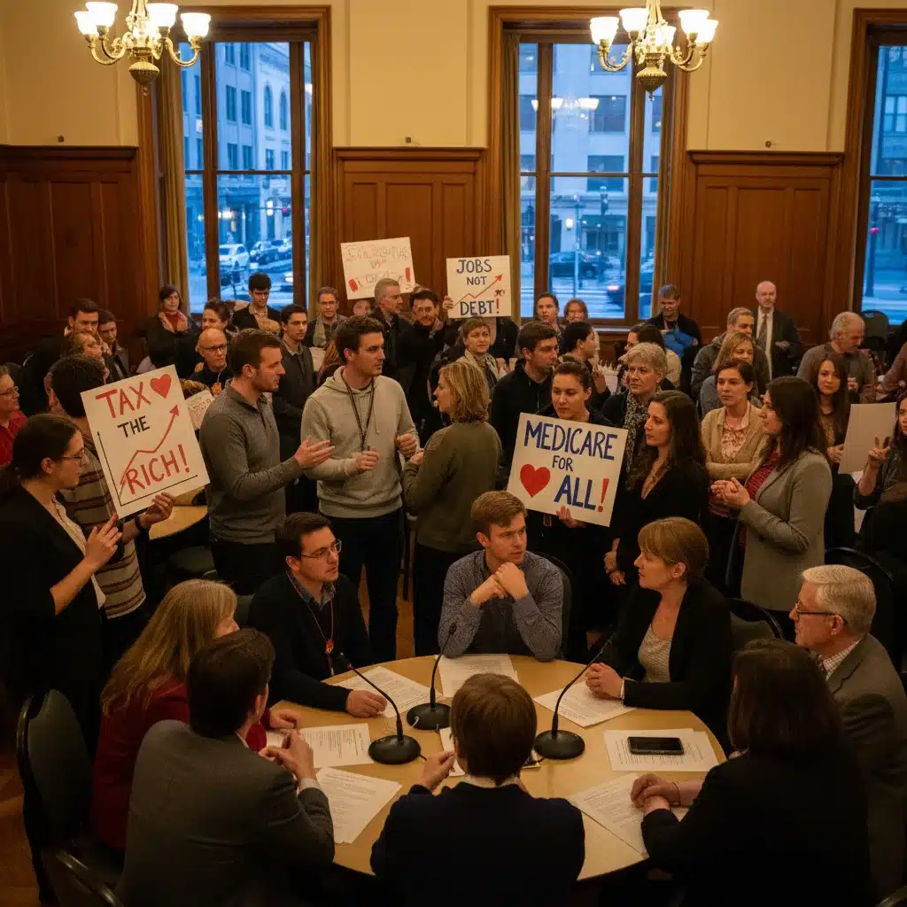 Diverse group discussing economic policy and healthcare at a political town hall.