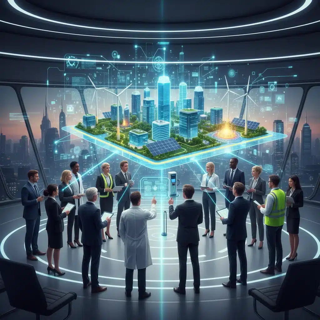 Diverse stakeholders collaborating on a sustainable energy future plan