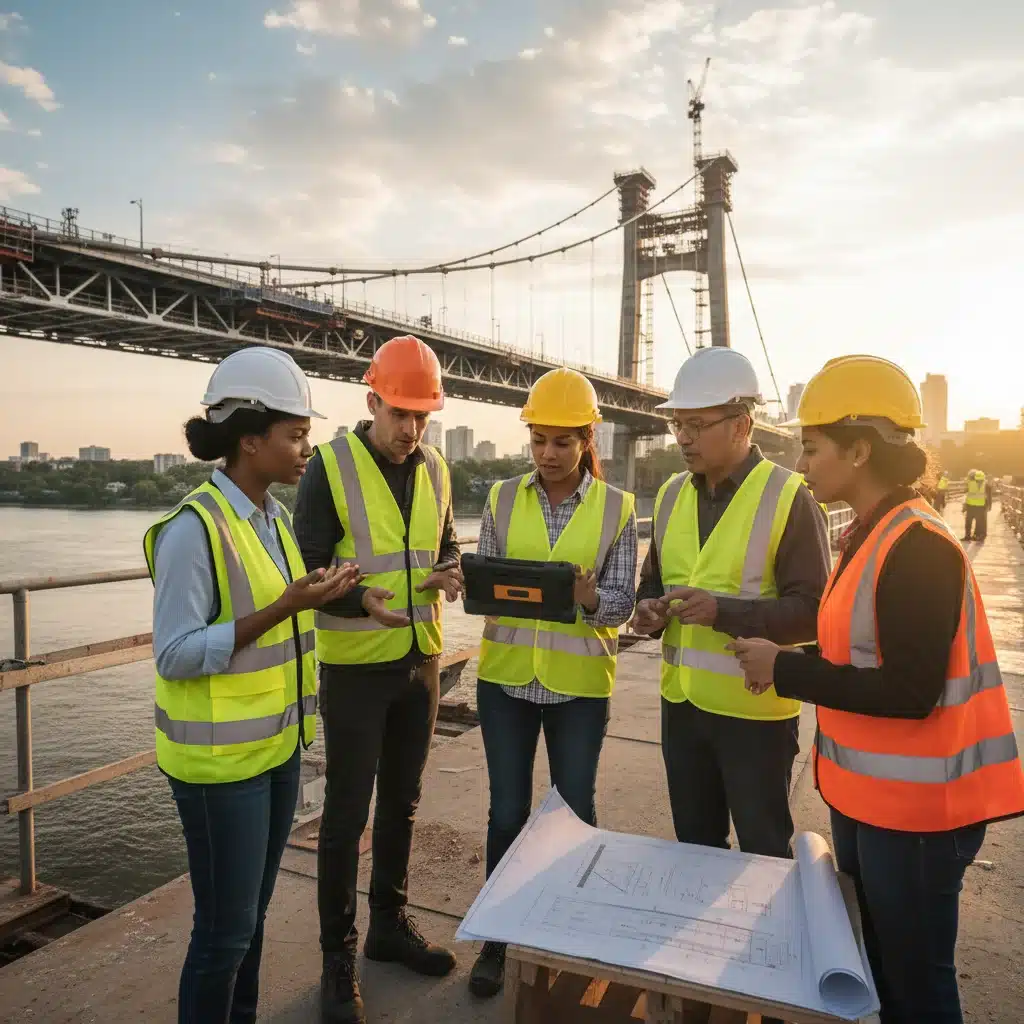 Engineers reviewing blueprints at construction site