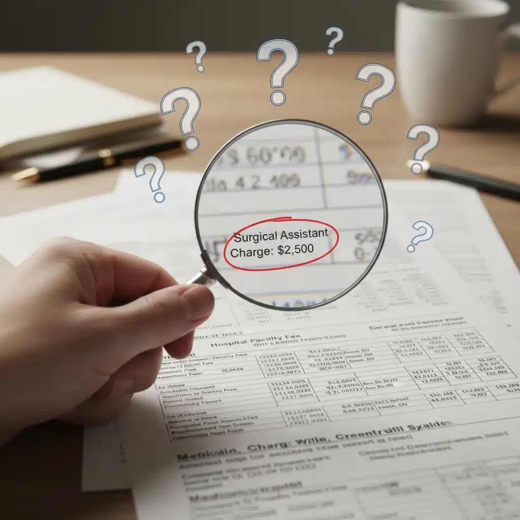 Magnifying glass examining a complex medical bill for surprise charges