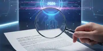 Hand examining product warranty document with magnifying glass for 2026 purchases