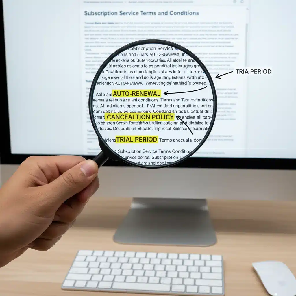 Hand with magnifying glass examining subscription terms and conditions on a computer screen, focusing on cancellation clauses.