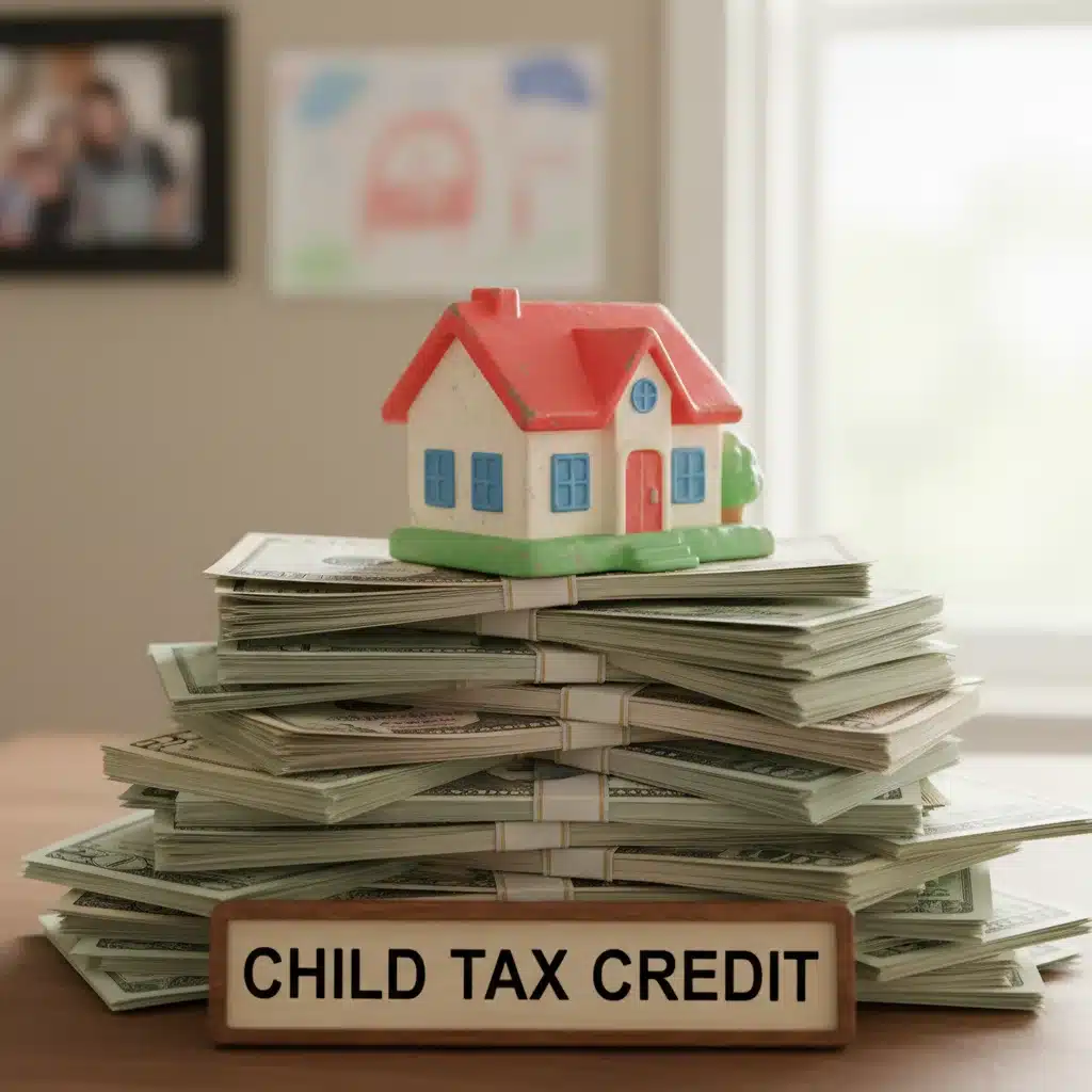 Stack of money with toy house, representing financial stability for families