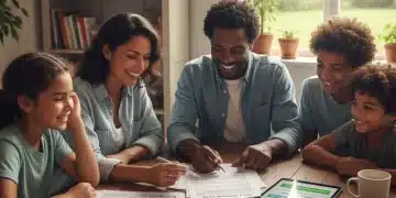 Family reviewing tax documents, smiling, symbolizing financial relief from EITC