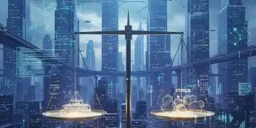 Futuristic cityscape with digital data overlays and a balance scale symbolizing 2026 AI regulations.