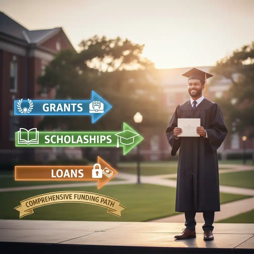 Infographic showing various financial aid options like grants, scholarships, and loans leading to a successful graduate.