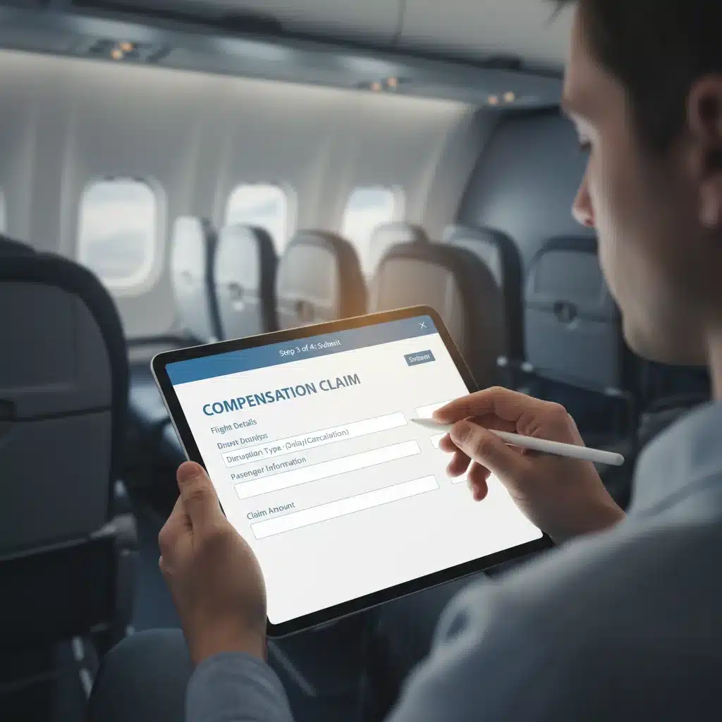 Passenger filling out a flight compensation claim form on a tablet.