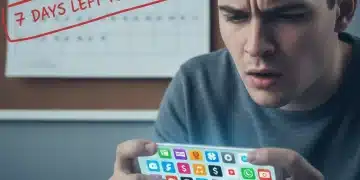 Frustrated person managing multiple digital subscriptions on a smartphone, emphasizing the need to cancel unwanted services within 7 days.