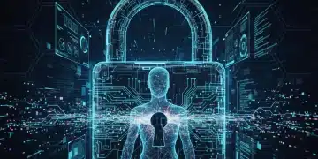 Futuristic digital padlock protecting personal data, symbolizing identity theft prevention in 2026.