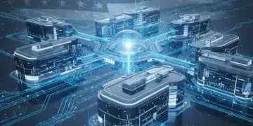 Futuristic hospital with digital data flow representing US healthcare reform