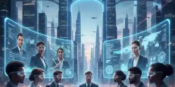 Professionals virtually networking in a futuristic setting