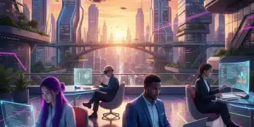 Diverse freelancers working remotely on devices with futuristic city background, representing gig economy.