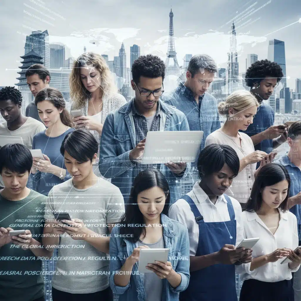 Global citizens interacting with digital devices, highlighting international data privacy laws.