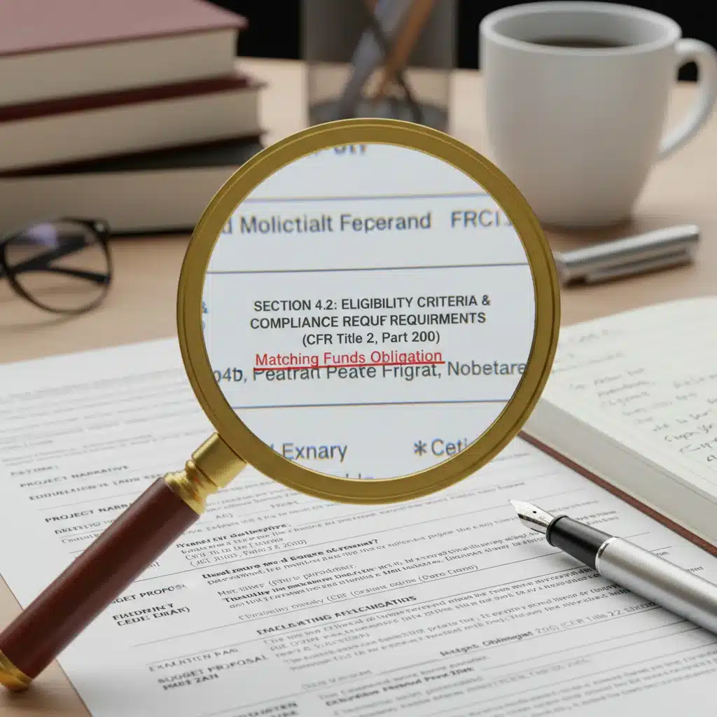 Magnifying glass examining detailed federal grant application forms.
