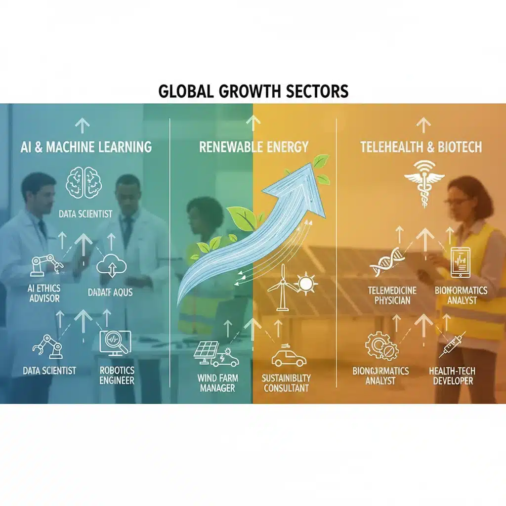 Infographic illustrating growth sectors in the U.S. job market, including AI, green energy, and telehealth.