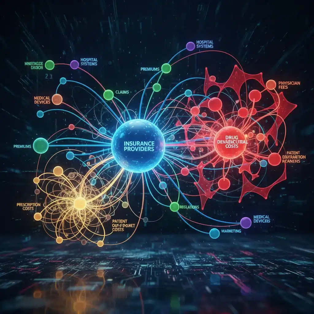 Digital network illustrating healthcare economic complexities and interconnected costs