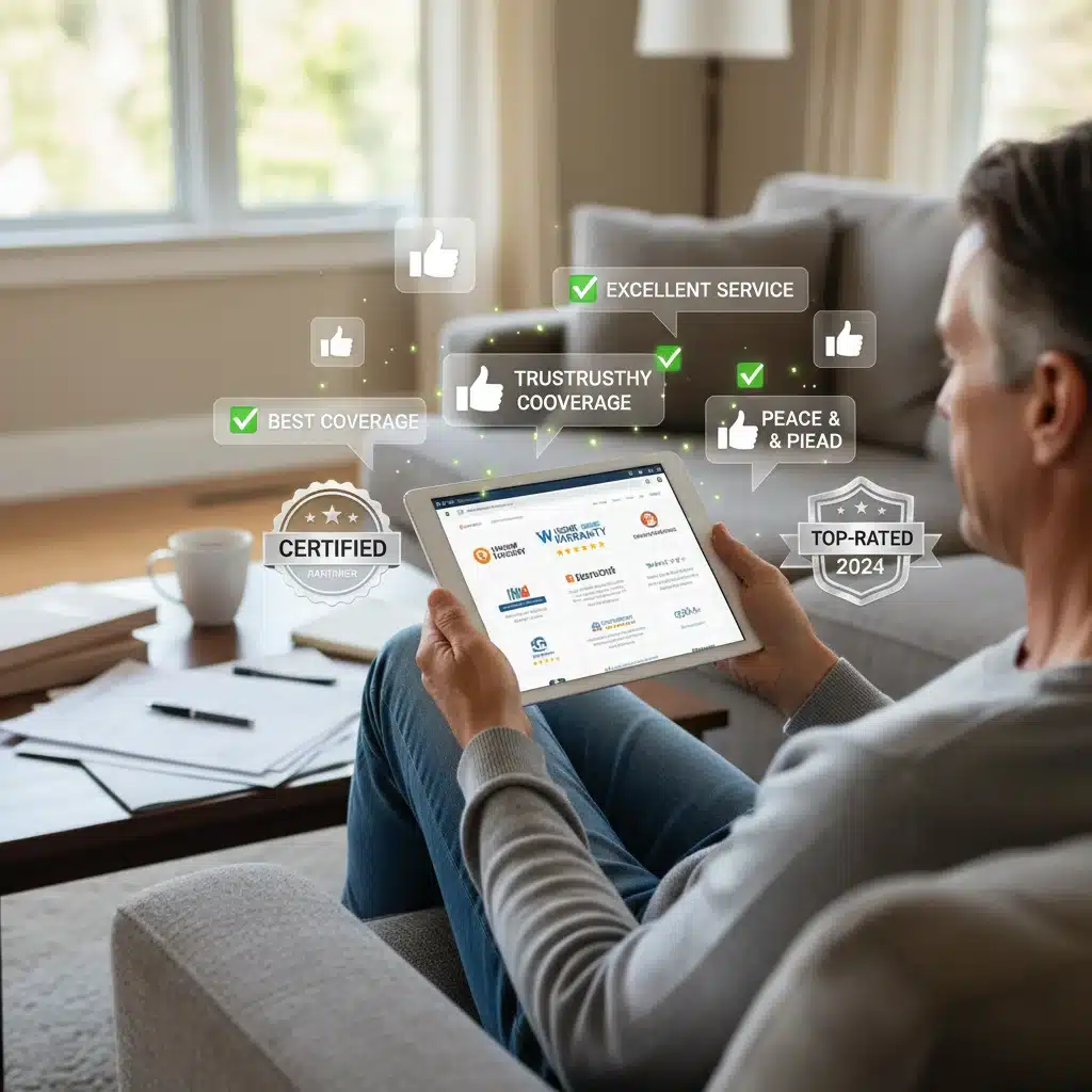 Homeowner researching reputable home warranty companies online