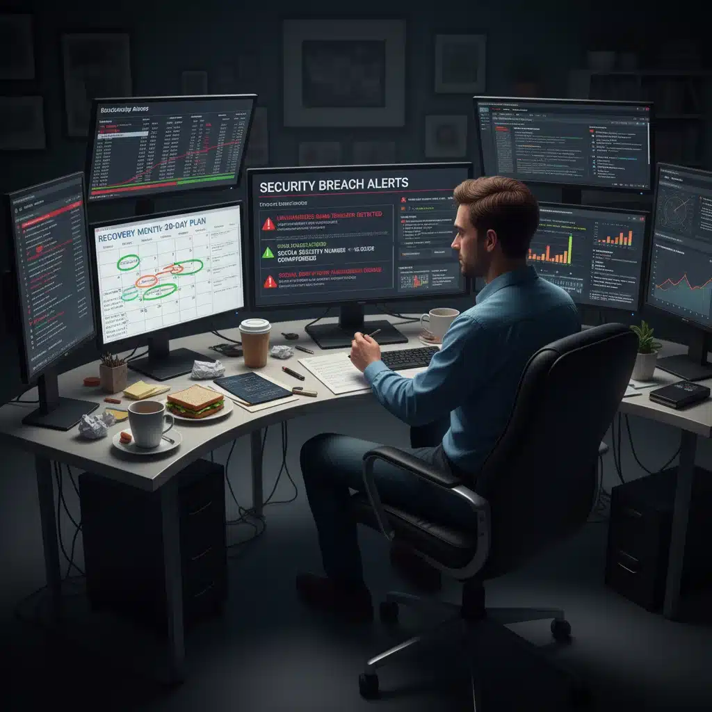 Individual managing identity theft recovery with a multi-screen setup and a 30-day action plan.
