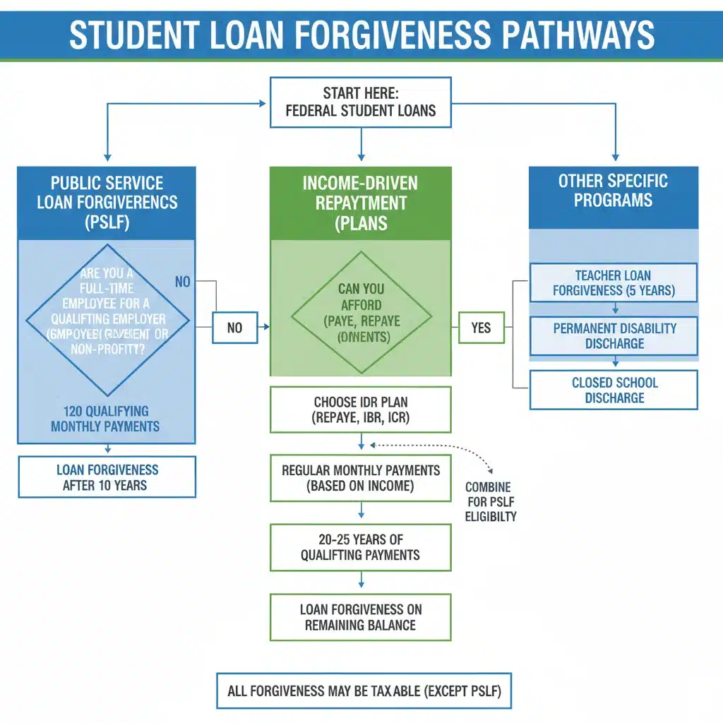 Infographic comparing various federal student loan forgiveness program pathways and eligibility criteria.