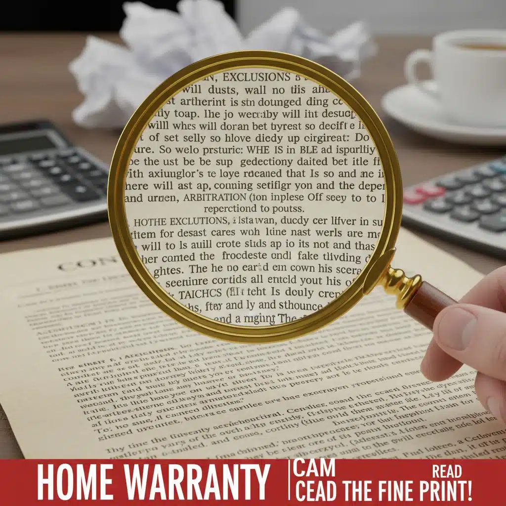 Magnifying glass over fine print of home warranty contract