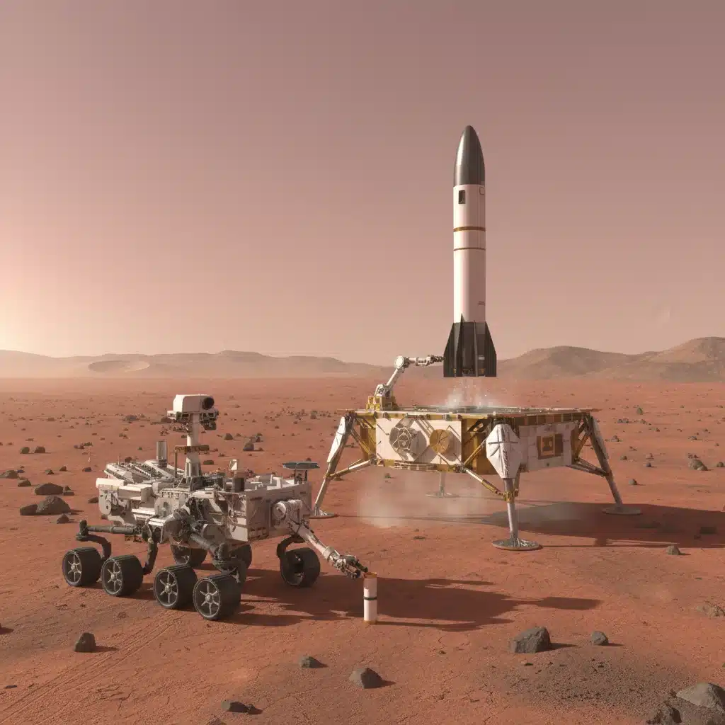Mars Sample Return mission rover collecting samples on red Martian surface.