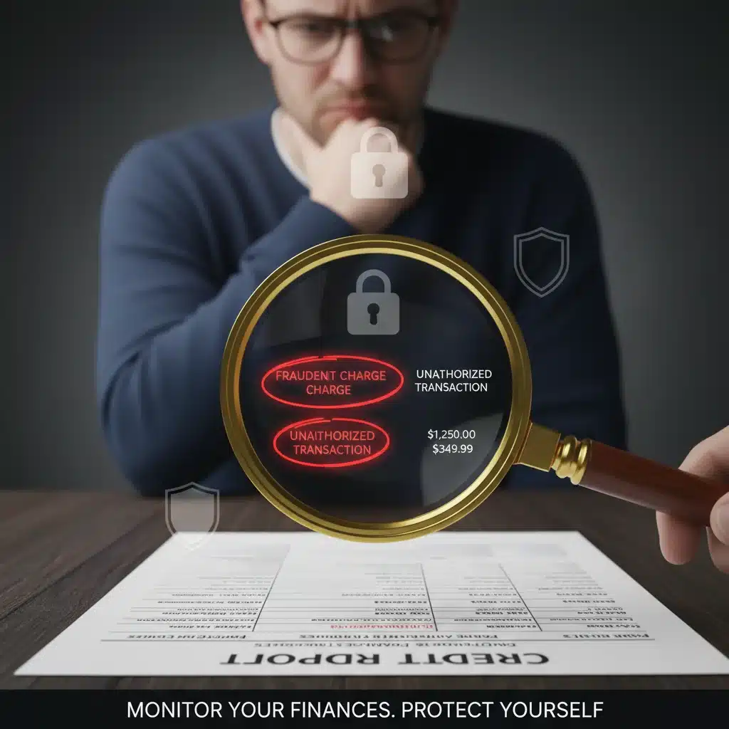 Magnifying glass on credit report showing suspicious activity