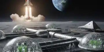 NASA Artemis mission lunar base with rocket launch and Earth in background.