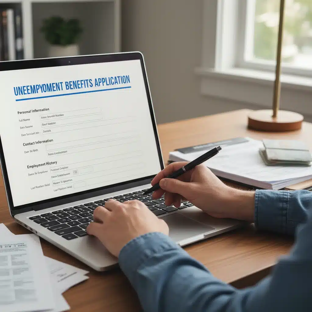 Person completing an online unemployment benefits application form