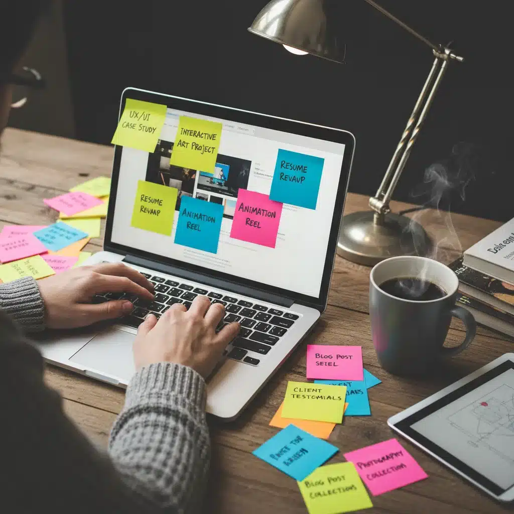 Creative professional organizing portfolio content on a laptop