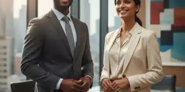 Two diverse professionals confidently showcasing their personal brands in a modern office setting.