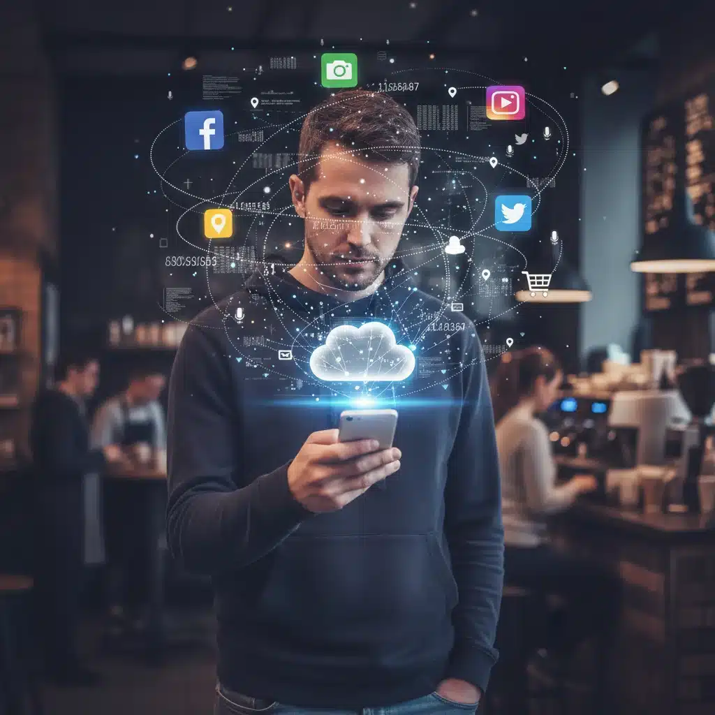 Person using a smartphone with data icons, symbolizing personal data in digital interactions.
