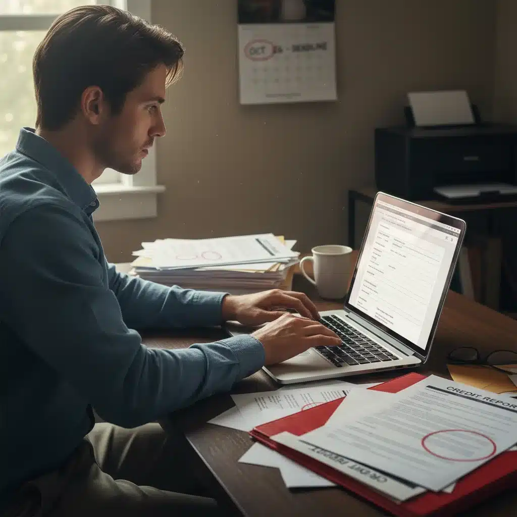 Person researching and preparing credit dispute documents on a laptop