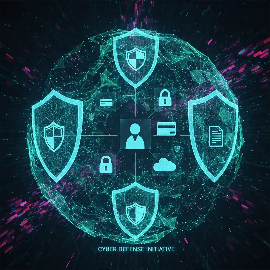 Digital shields forming a protective barrier around personal data, illustrating proactive cybersecurity.