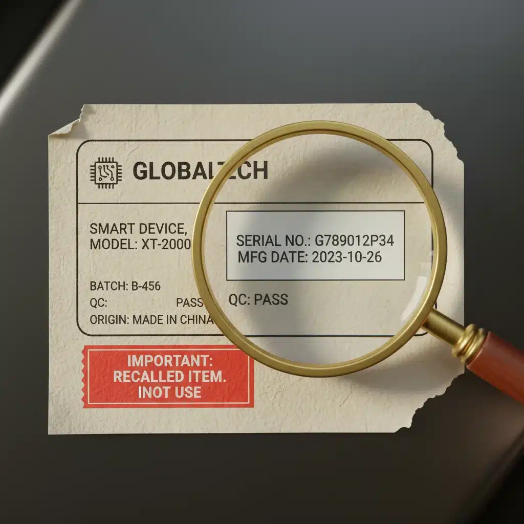 Close-up of a product label showing a serial number and manufacturing date for recall identification.