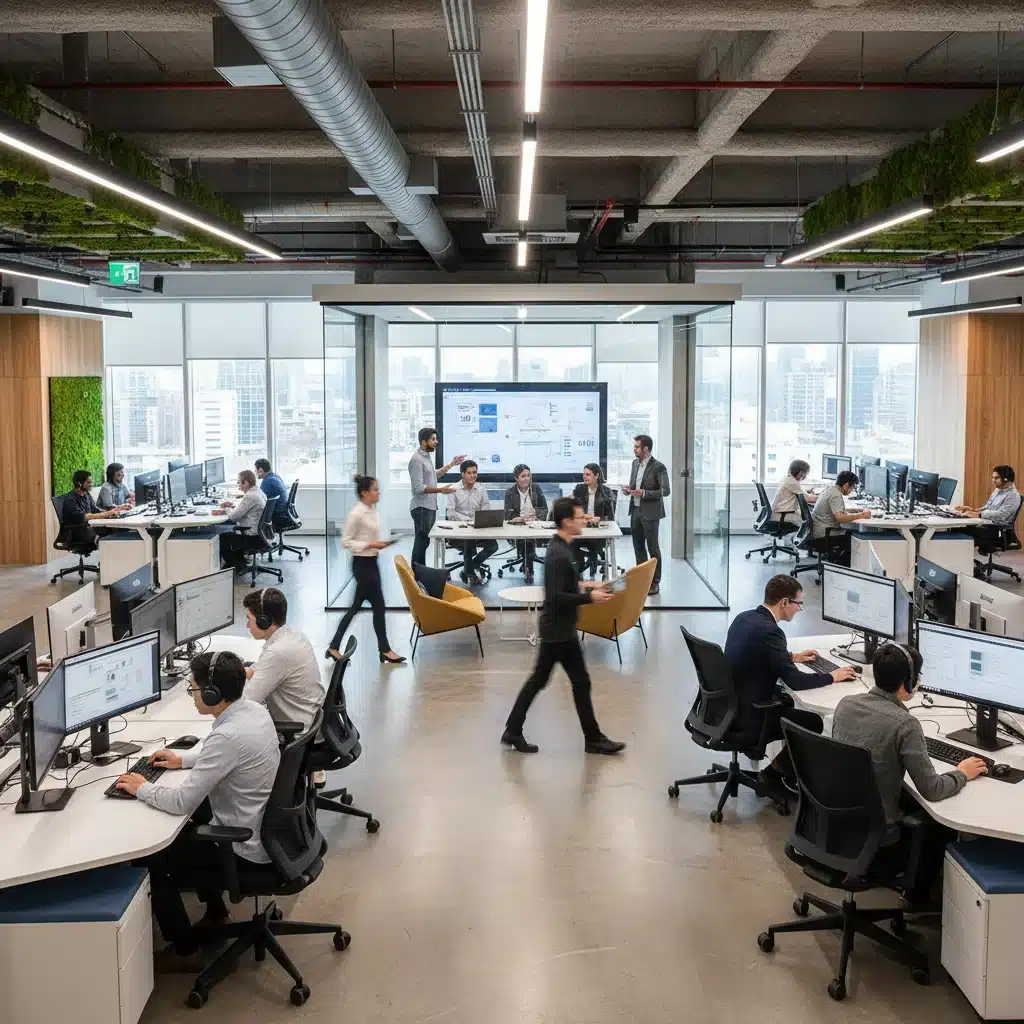 Dynamic office environment representing a productive workforce and economic activity