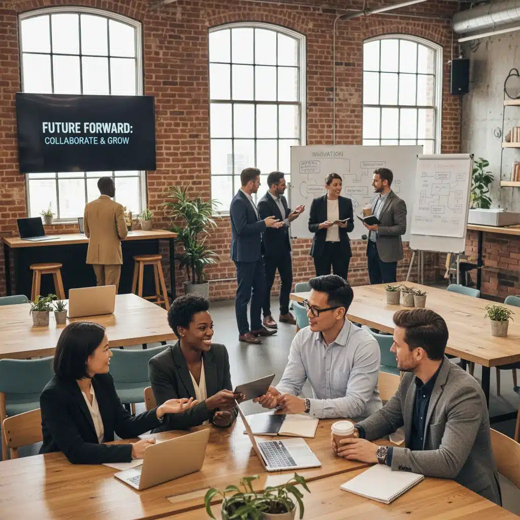 Diverse professionals networking and collaborating in a modern workspace