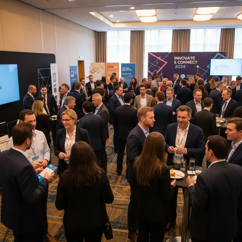 Professionals actively networking and building connections at a conference event.