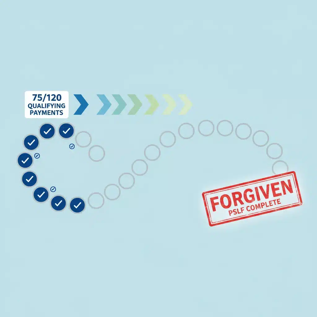 Visual timeline showing 120 qualifying payments leading to PSLF loan forgiveness.