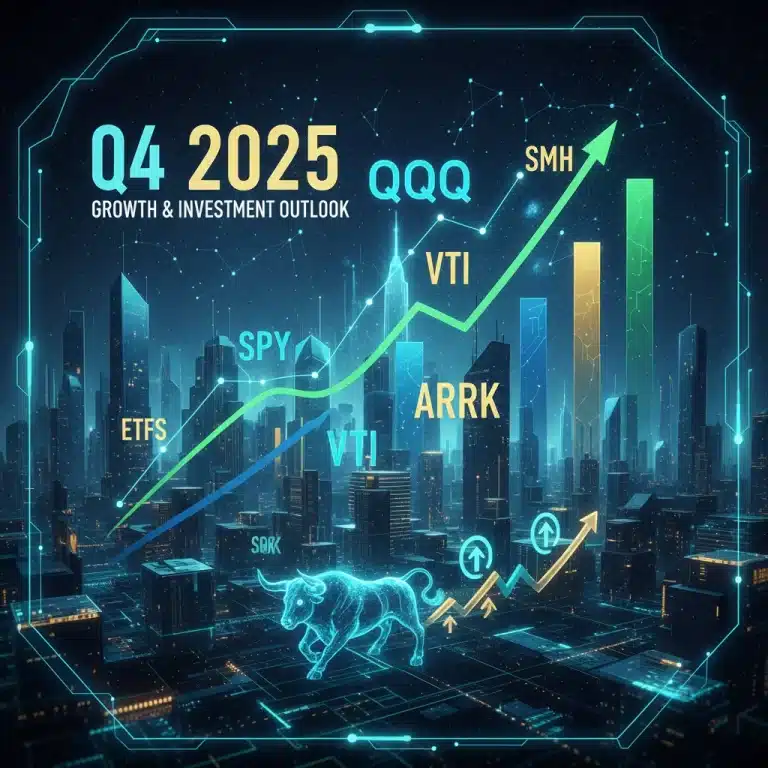 Financial charts and graphs showing investment growth for top performing ETFs in Q4 2025.