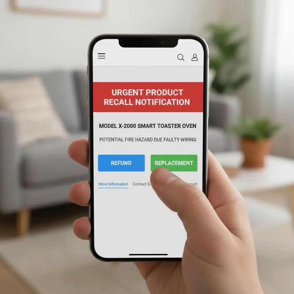 Smartphone displaying a product recall notification with refund and replacement options.
