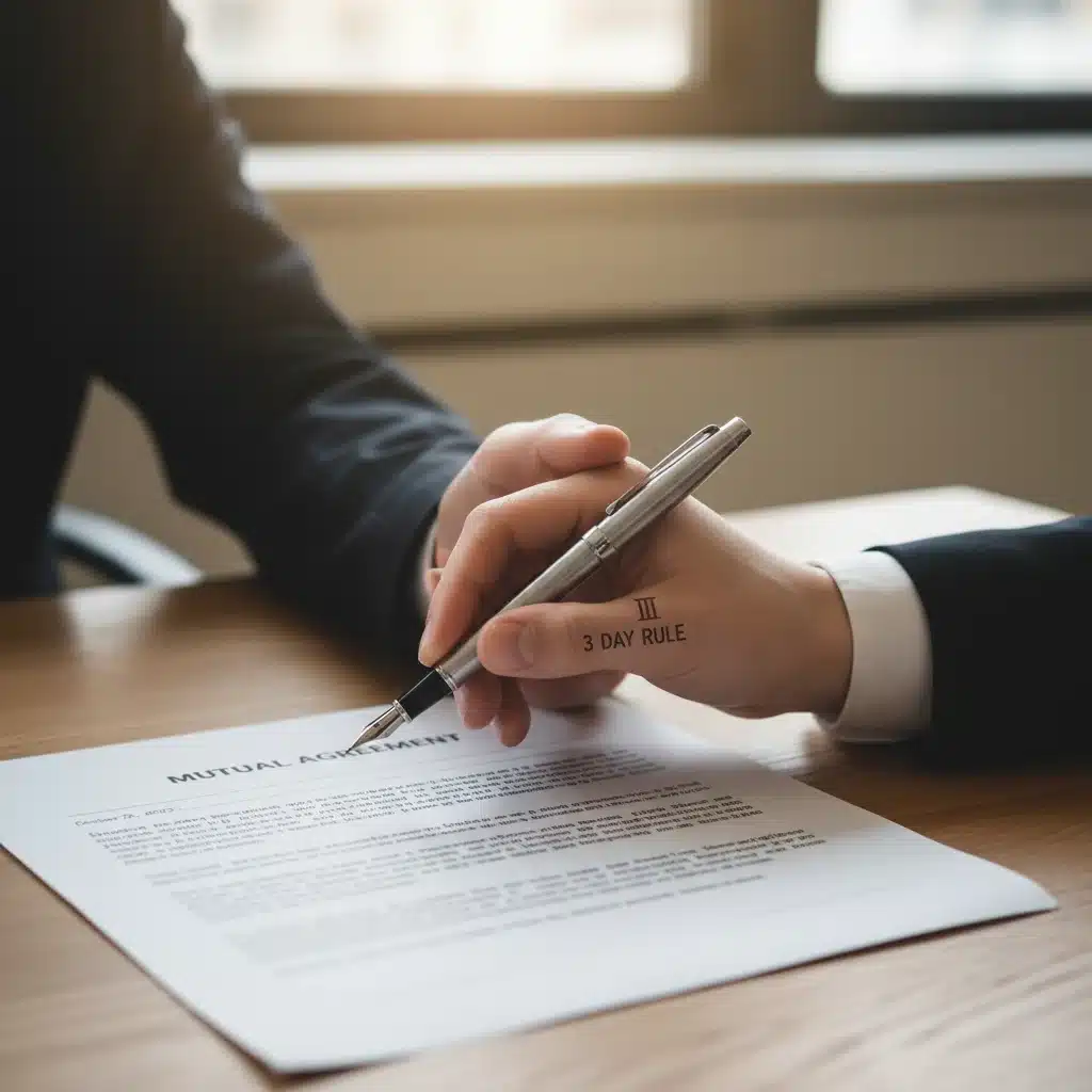 Hand stopping another hand from signing a contract, symbolizing reconsideration and the right to cancel.