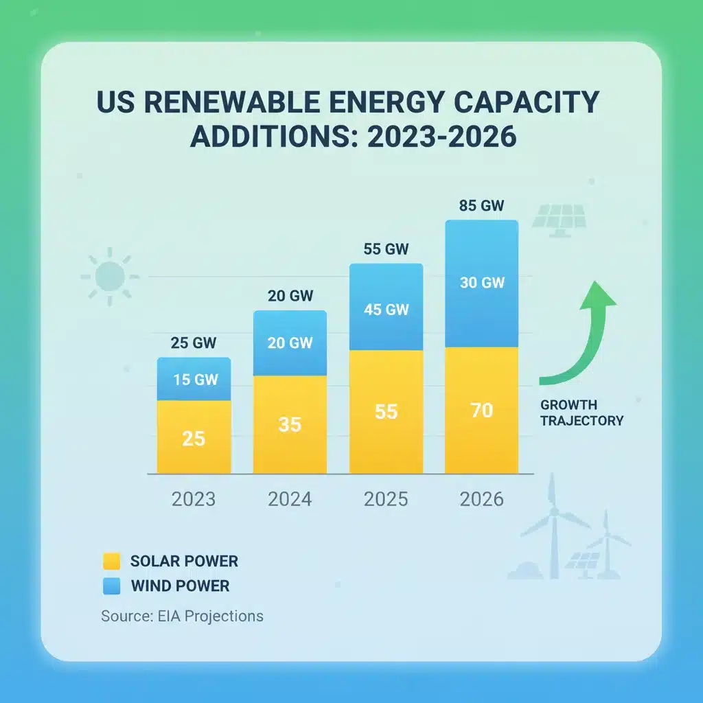 Chart showing projected growth of US renewable energy capacity 2023-2026