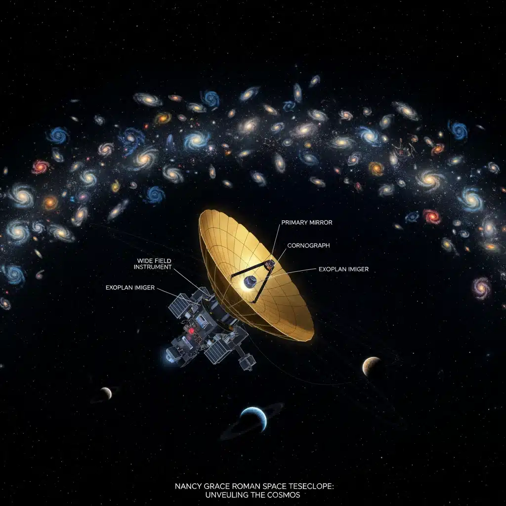 Nancy Grace Roman Space Telescope observing distant galaxies and exoplanets.